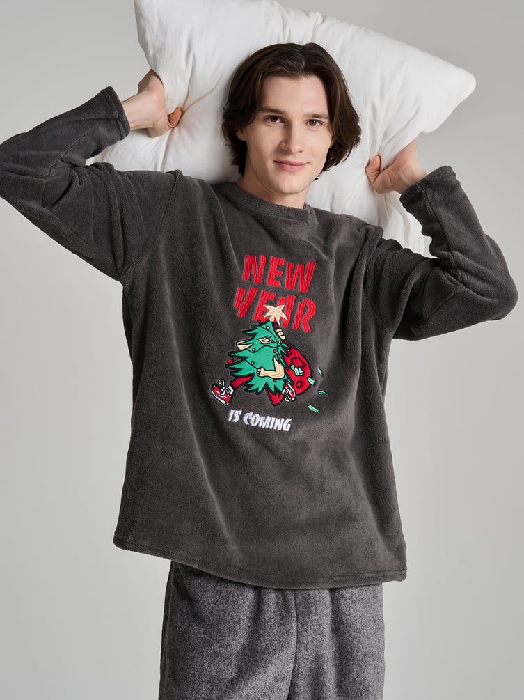 Пижама плюшевая новогодняя с брюками