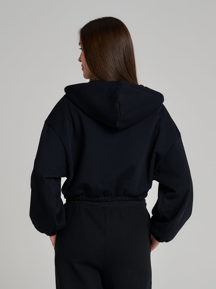 Укороченная зипка оверсайз на молнии с капюшоном и начесом
