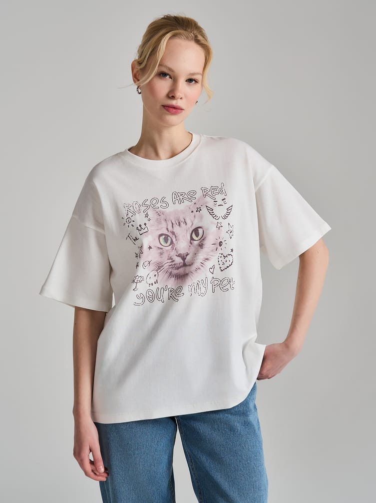 Футболка из хлопка с принтом кошки