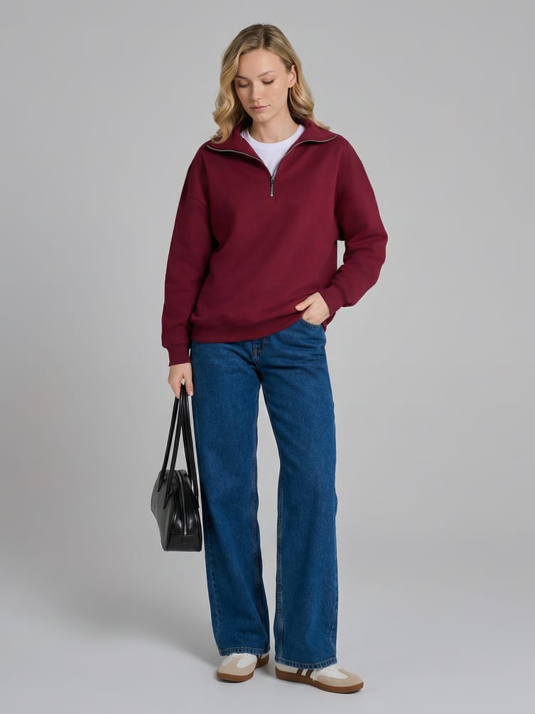 Теплая толстовка оверсайз с полузамком и начесом