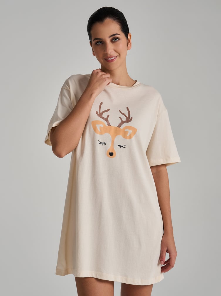 Хлопковая ночная сорочка с принтом оленя