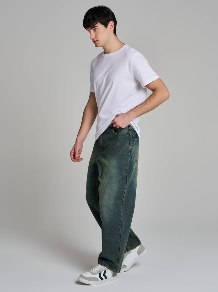 Джинсы багги широкие с вареный эффектом