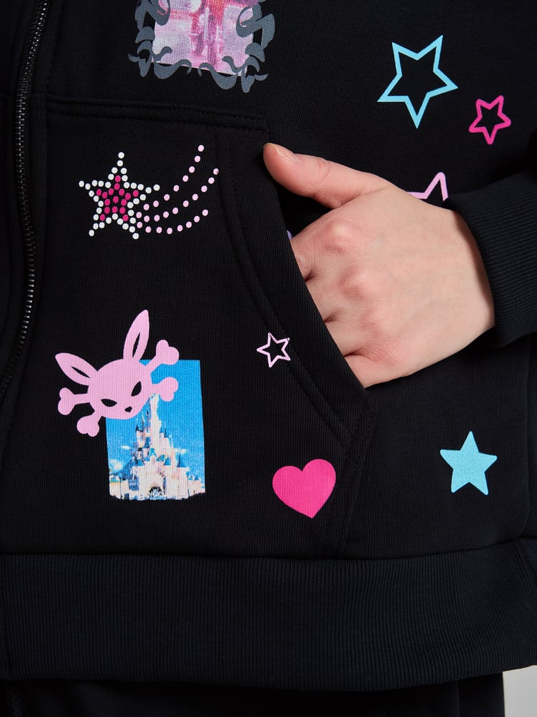 Зип худи с ушками на капюшоне и принтом