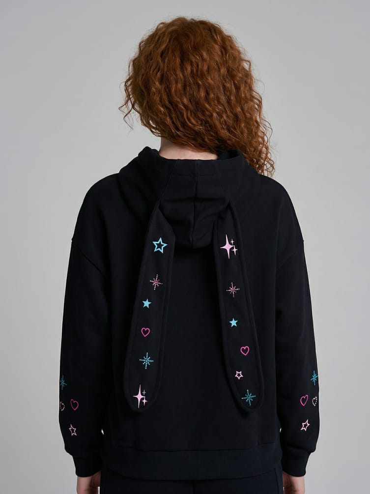 Зип худи с ушками на капюшоне и принтом