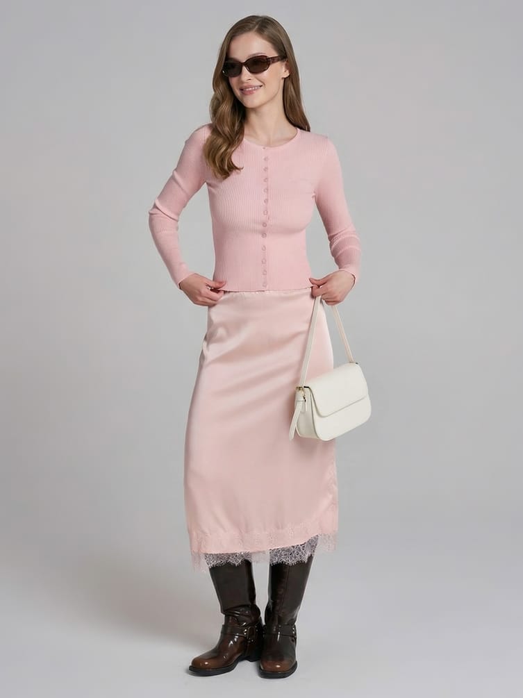 Юбка миди атласная с кружевом в бельевом стиле