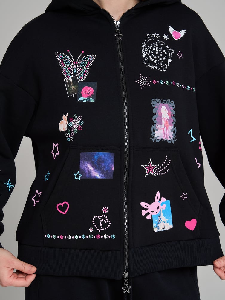 Зип худи с ушками на капюшоне и принтом