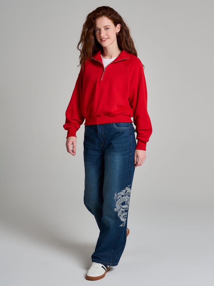 Джинсы багги с вышивкой дракона