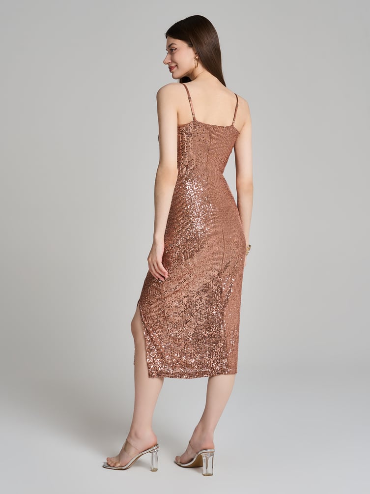 Платье вечернее с пайетками миди на бретелях с разрезом