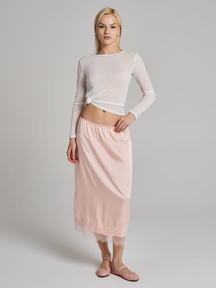 Юбка миди атласная с кружевом в бельевом стиле
