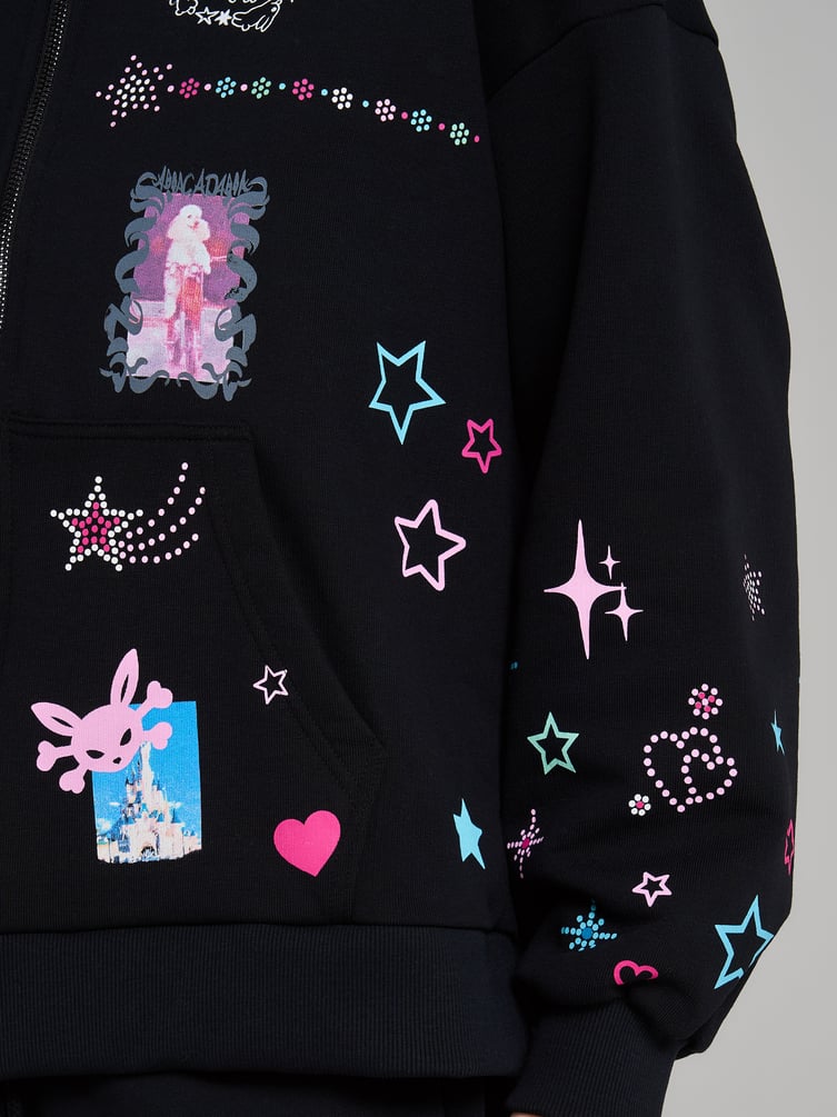 Зип худи с ушками на капюшоне и принтом