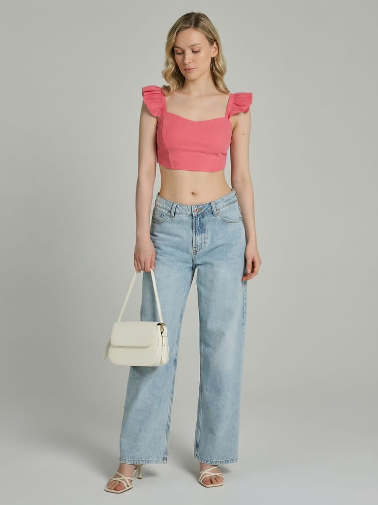 Короткий топ с рюшами на лямках