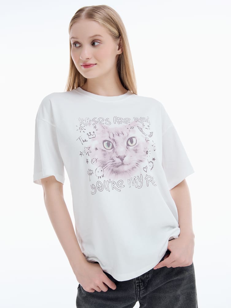 Футболка из хлопка с принтом кошки