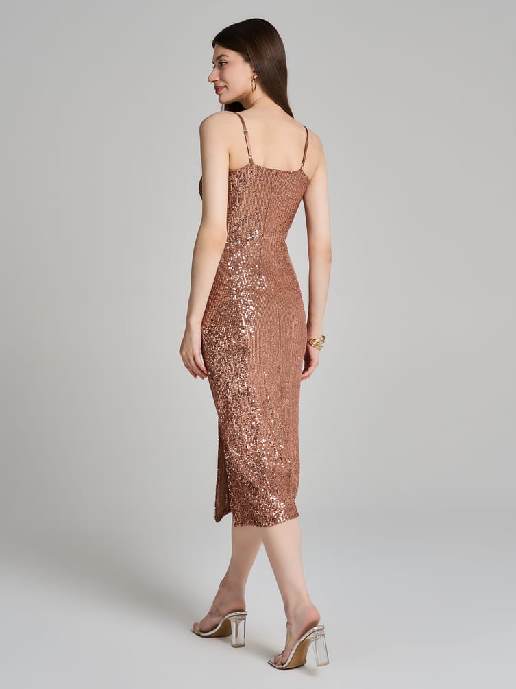 Платье вечернее с пайетками миди на бретелях с разрезом
