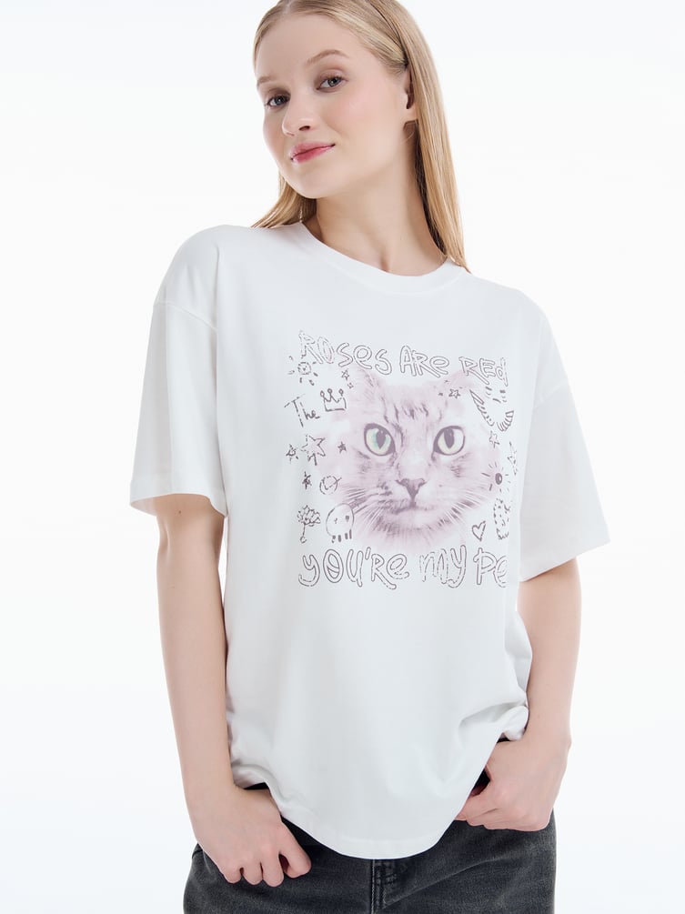 Футболка из хлопка с принтом кошки