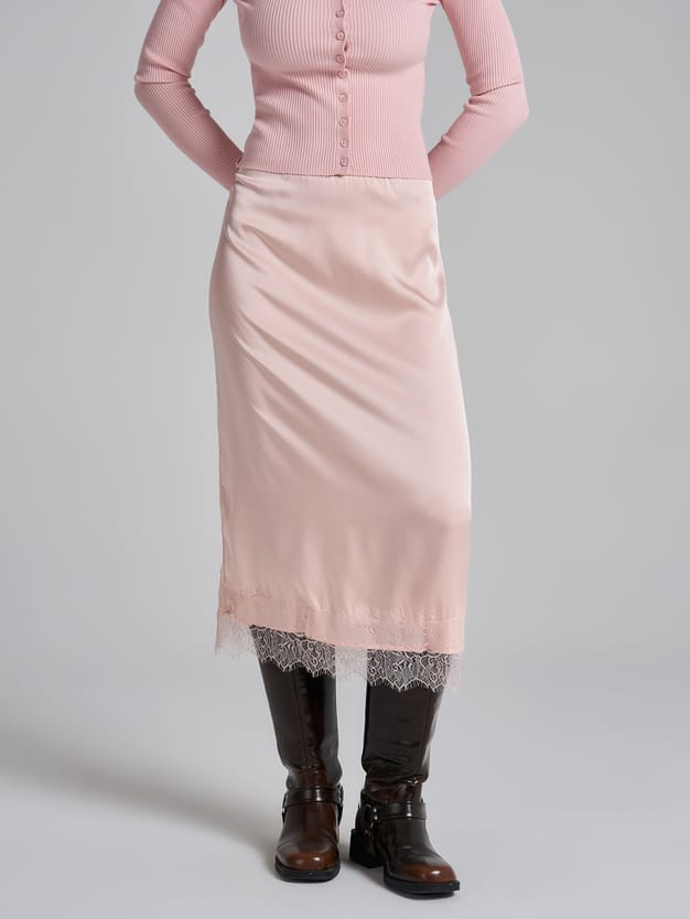 Юбка миди атласная с кружевом в бельевом стиле