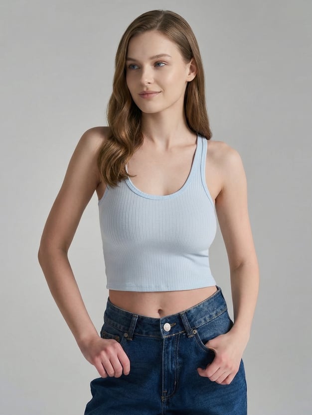 Короткая майка в рубчик на широких бретелях