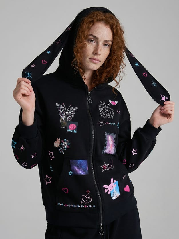 Зип худи с ушками на капюшоне и принтом