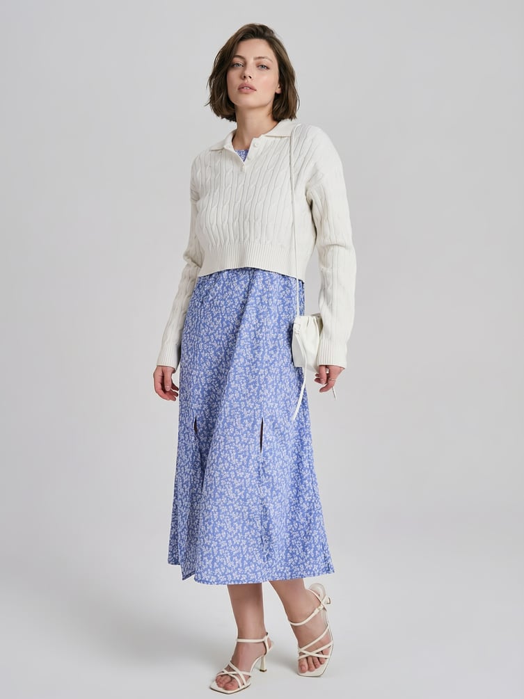 Миди платье крестьянка с разрезом по бедру