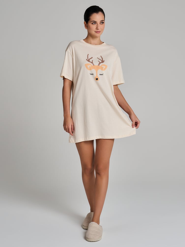 Хлопковая ночная сорочка с принтом оленя