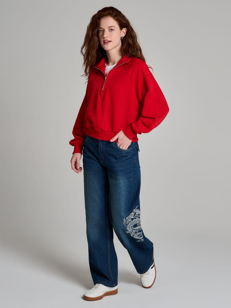 Джинсы багги с вышивкой дракона