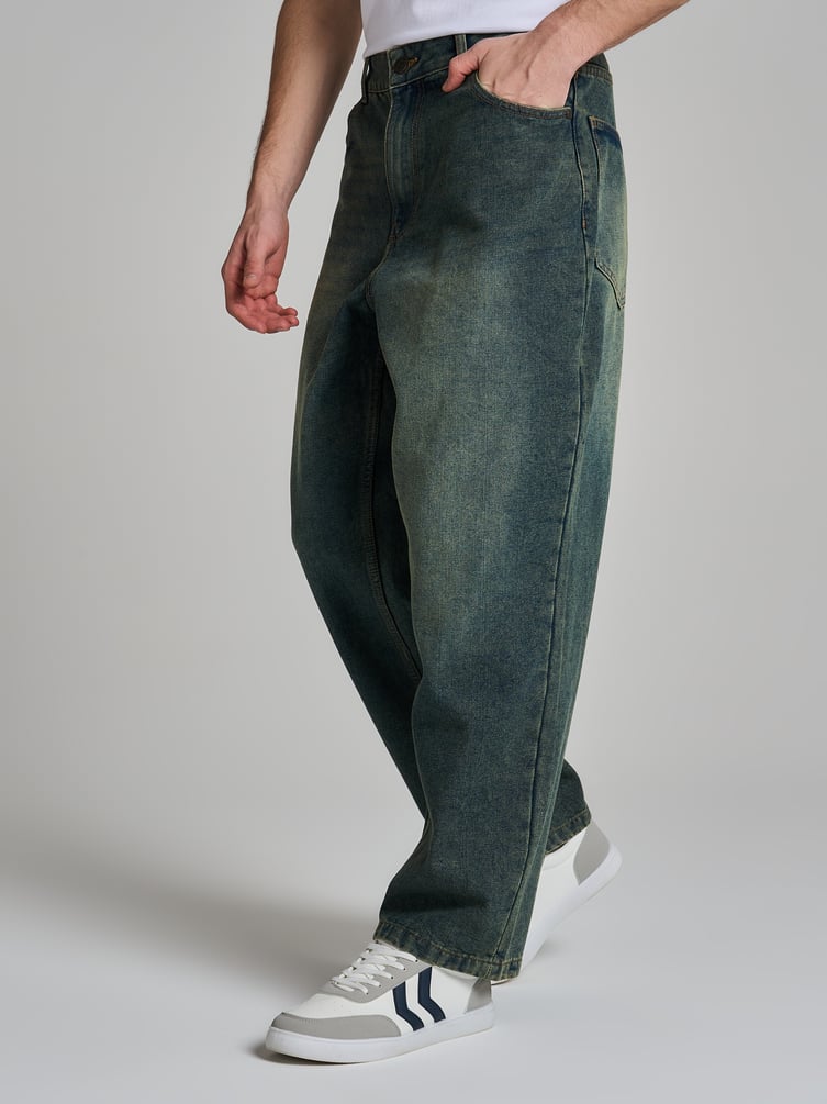 Джинсы багги широкие с вареный эффектом