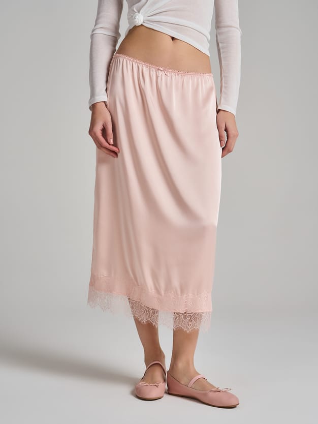 Юбка миди атласная с кружевом в бельевом стиле