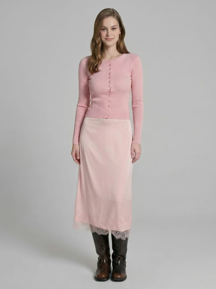 Юбка миди атласная с кружевом в бельевом стиле