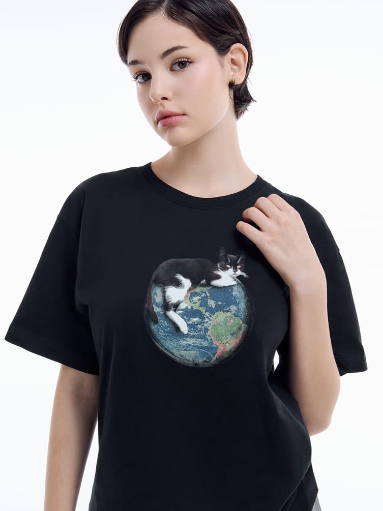 Хлопковая пижама с принтом котика и брюками